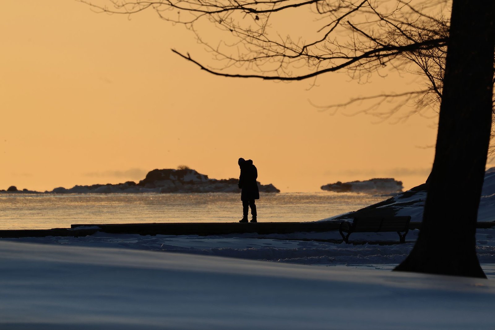 Tyyni talvinen auringonnousu Cove Island Parkissa Stamfordissa, Connecticutissa, kuvastaa pariskunnan siluettia veden äärellä
