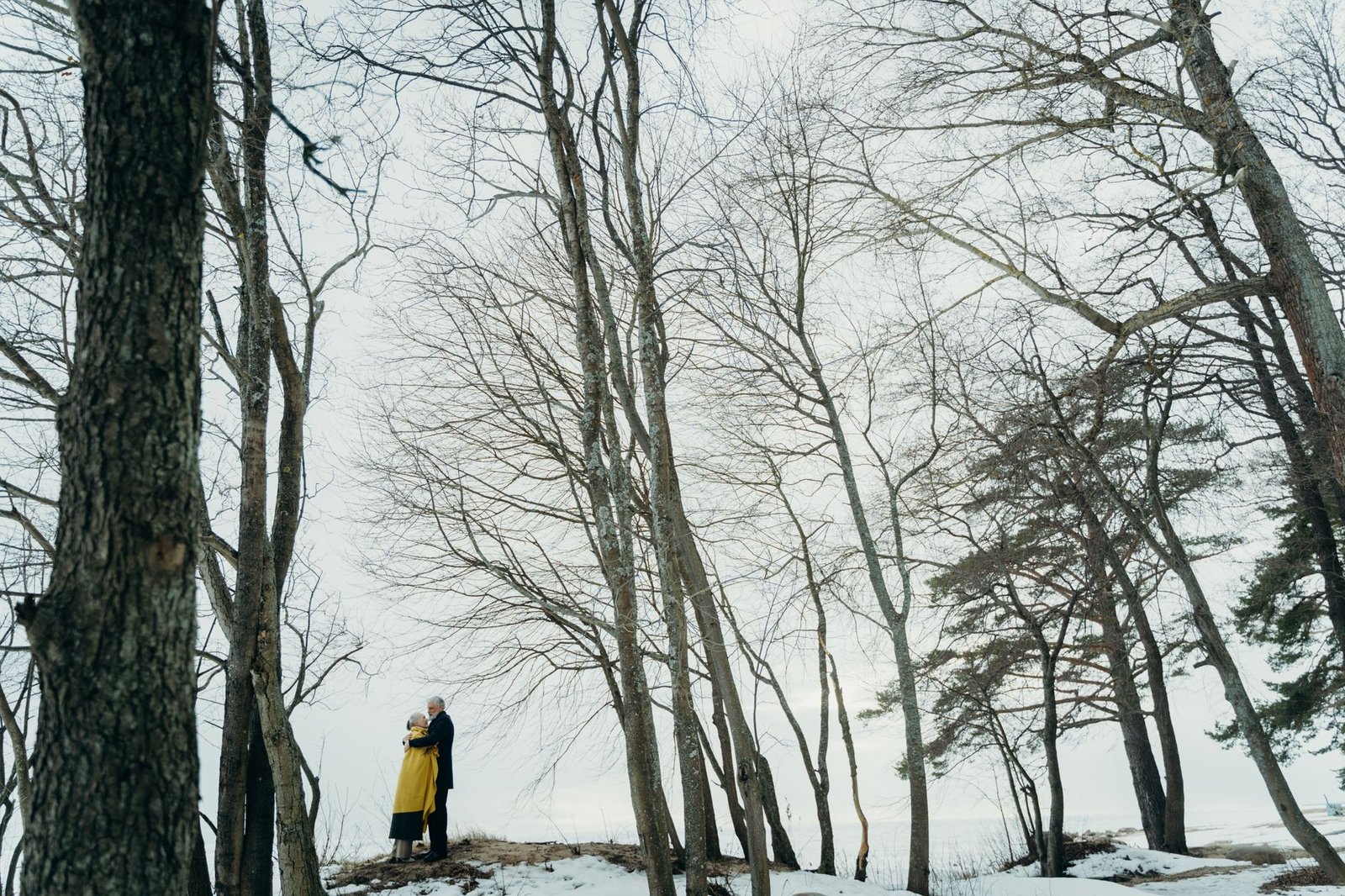 Iäkäs pariskunta halauksessa rauhallisessa lumisessa metsäympäristössä.