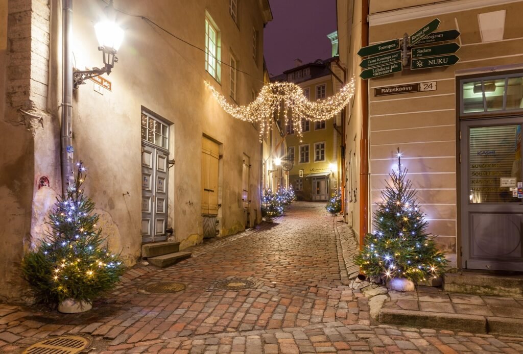 tallinna, kaduilla, valot, joulukuusi, joulu, talvi, silta, kivilaatta, taskulamppu, street, valo, valaistus, kaupunki, vanha
