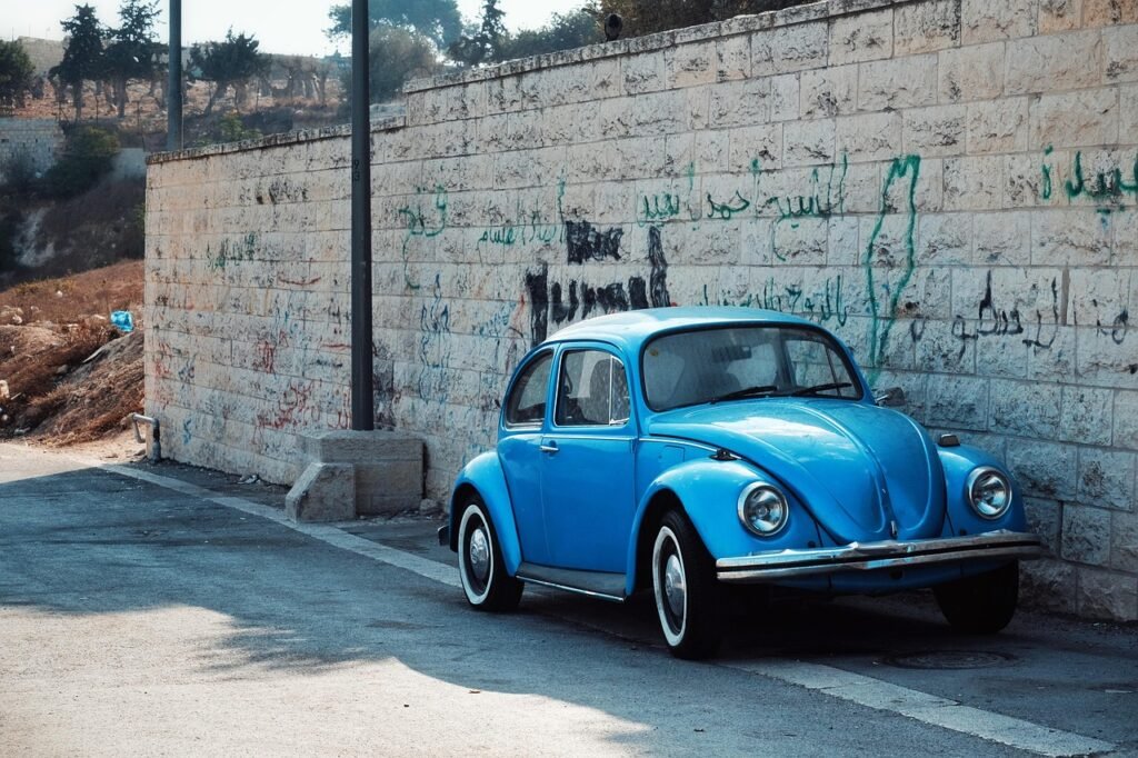auto, klassikko, kovakuoriainen, bugi auto, sininen, auton taustakuvat, jerusalem, israel, street, elämää, kulmakatu, tienvar