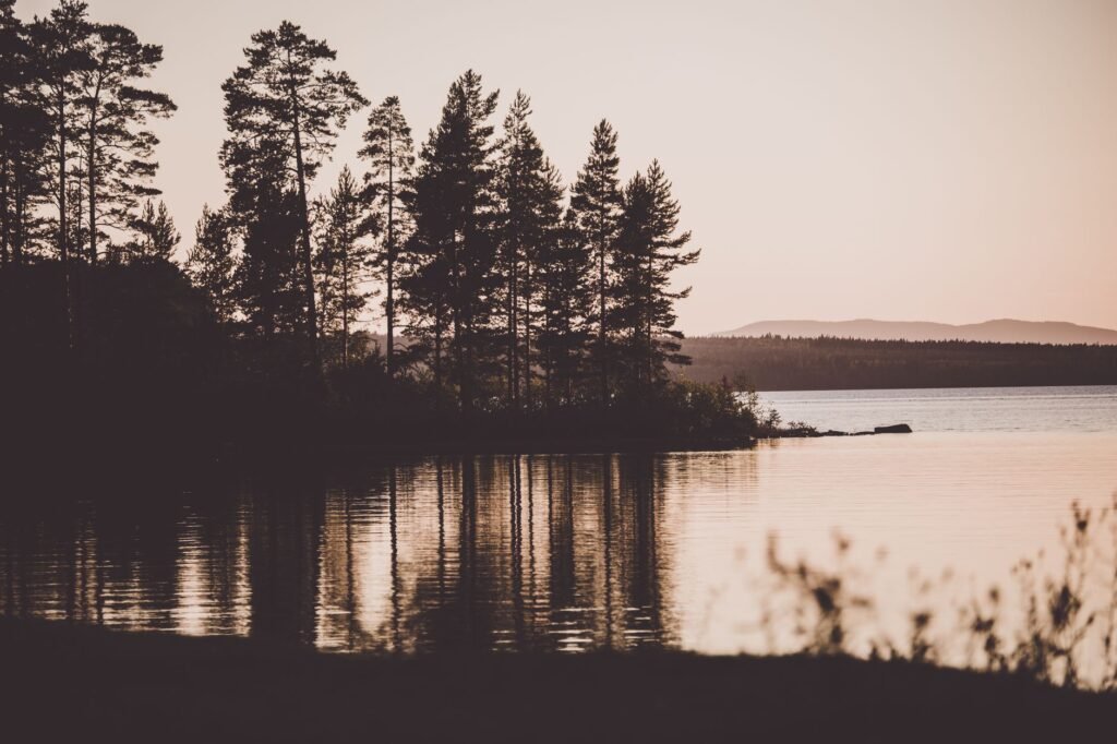 Rauhallinen näkymä Siljan-järvelle, jossa puut ovat siluettina auringonlaskussa Dalarna, Ruotsi.