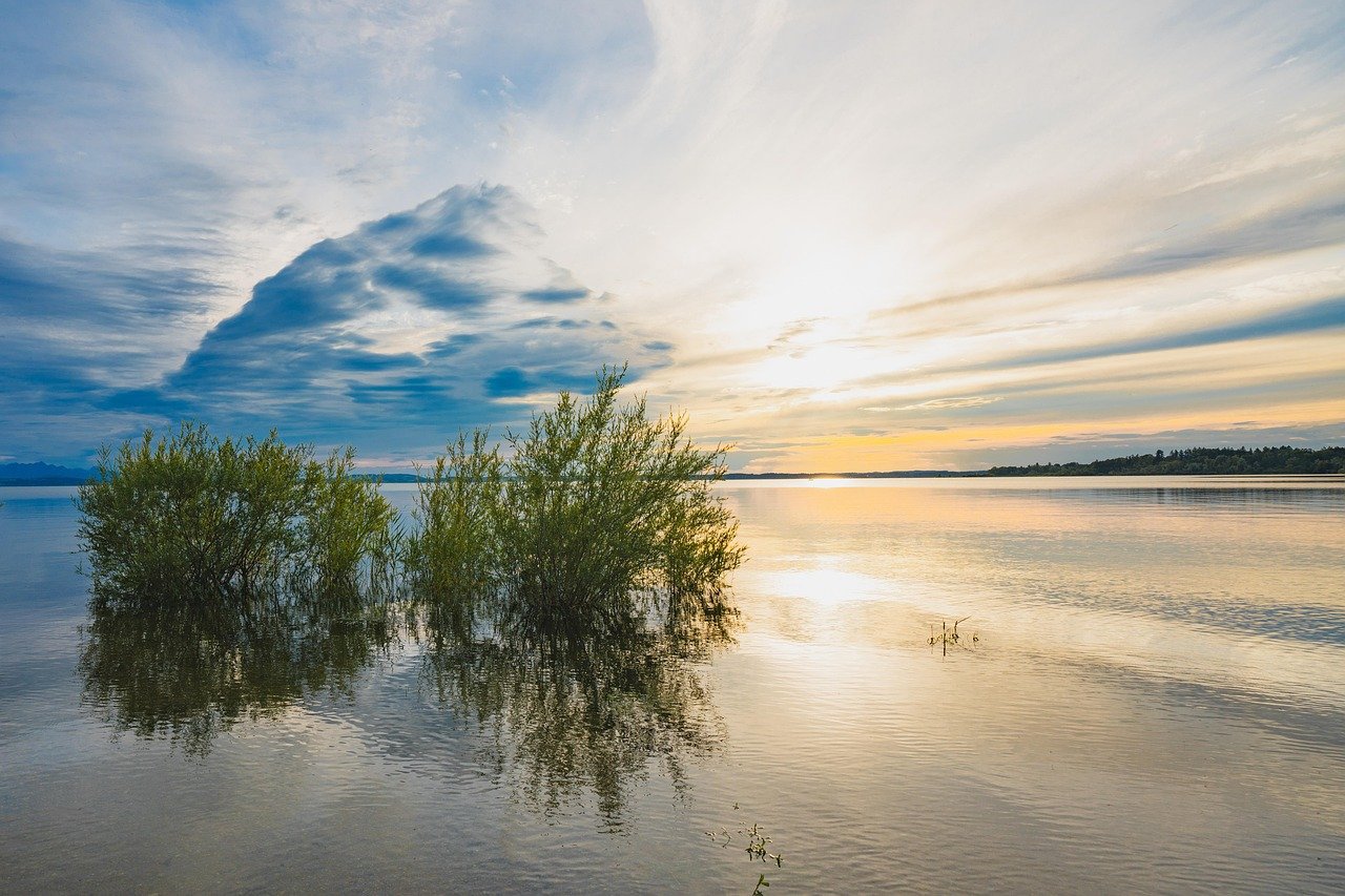 auringonlasku, hämärä, järvi, horisontti, vettä, pilvet, luonnonkaunis, heijastus, tulva, luonne, maisema, chiemsee, hintergr