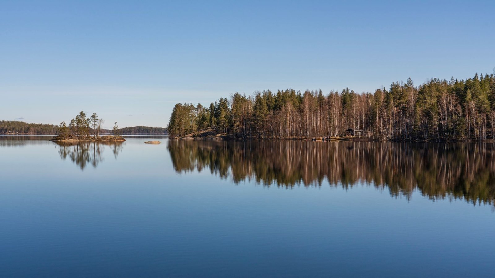 Rauhallinen maisema laajasta järvestä, joka heijastaa metsää kirkkaalla sinisellä taivaalla.