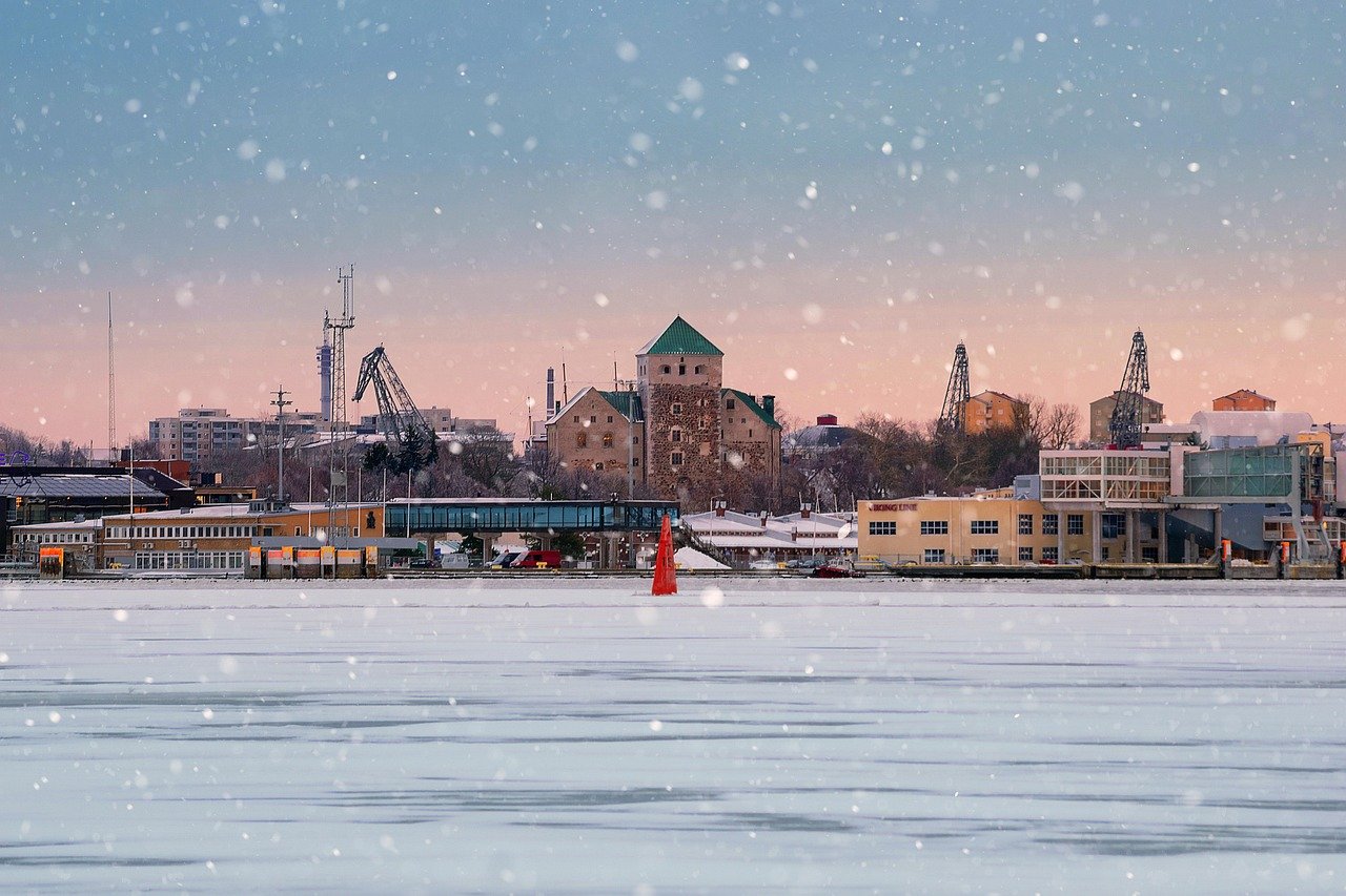 turku, turun linna, maisema, satama, meri, jää, jäätynyt, talvi, lumisade, luonne, ilta, kaupunki