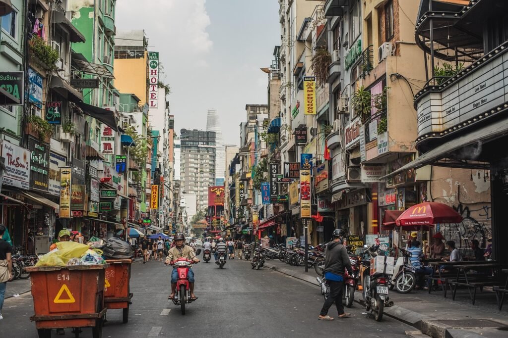 pham ngu lao, vietnam, pyörä, ihmiset, street, tie, aasia, kaupunki, roskakorin, moottoripyörä, street, street, street, stree