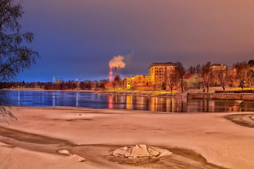 suomi, järvi, vettä, talvi, lumi, jäätä, jäädytetty, kasvi, valtuudet, luonne, rakennukset, oulu, hdr, hämärä, illalla