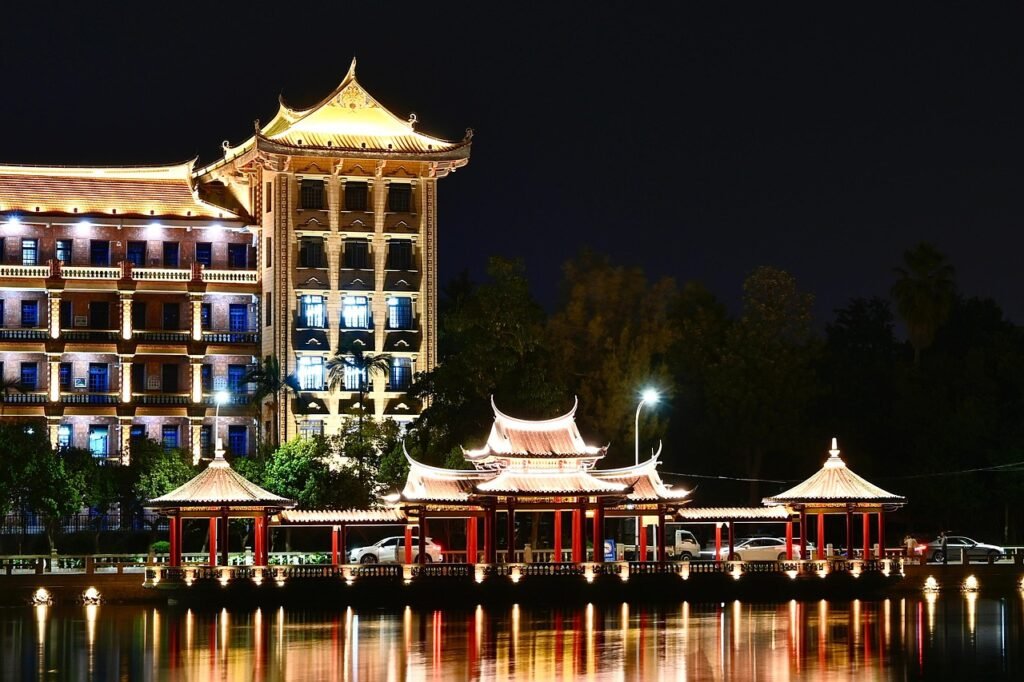 rakennukset, luonne, pagodi, järvi, night lights, jimei yliopisto, xiamen