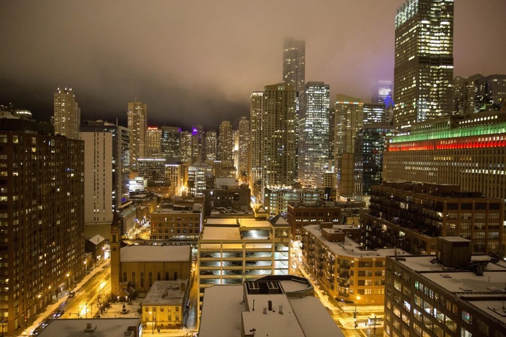 chicago, joulu, jouluvalot, kaupunki, kaupunkikuvan, sumuinen, yö, night lights, brown city, ruskea yö