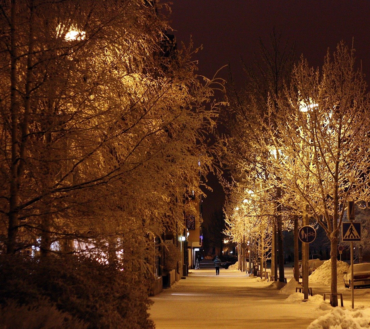 oulu, suomi, yö, illalla, katu, puita, henkilö, jalkakäytävä, talvi, lumi, jäätä, luonne, valot, valaistus, ulkopuolella, rak