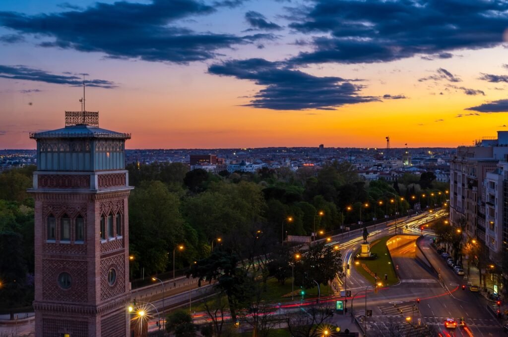 madrid, espanja, city, rakennus, taivas, muistomerkki, pilvet, auringonlasku, luonne, maisema