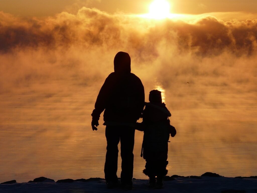 isä, poika, auringonnousu, siluetti, sumu, luonne, järvi, perhe, yhdessä, lake ontario