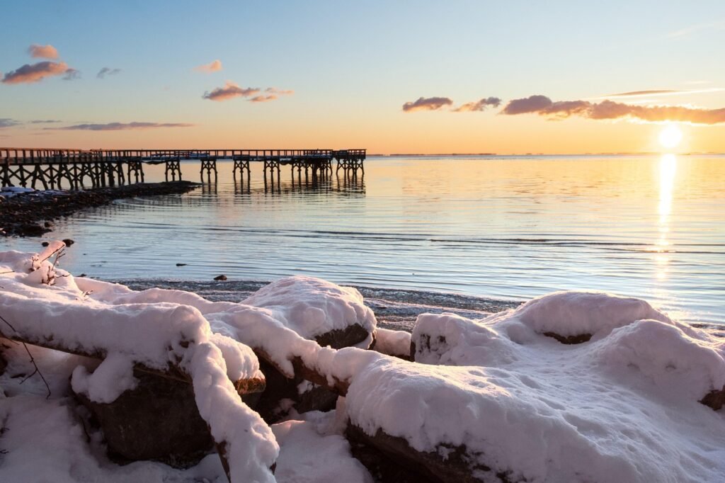 talvi, laituri, luonne, auringonnousu, lahti, lumi, telakka