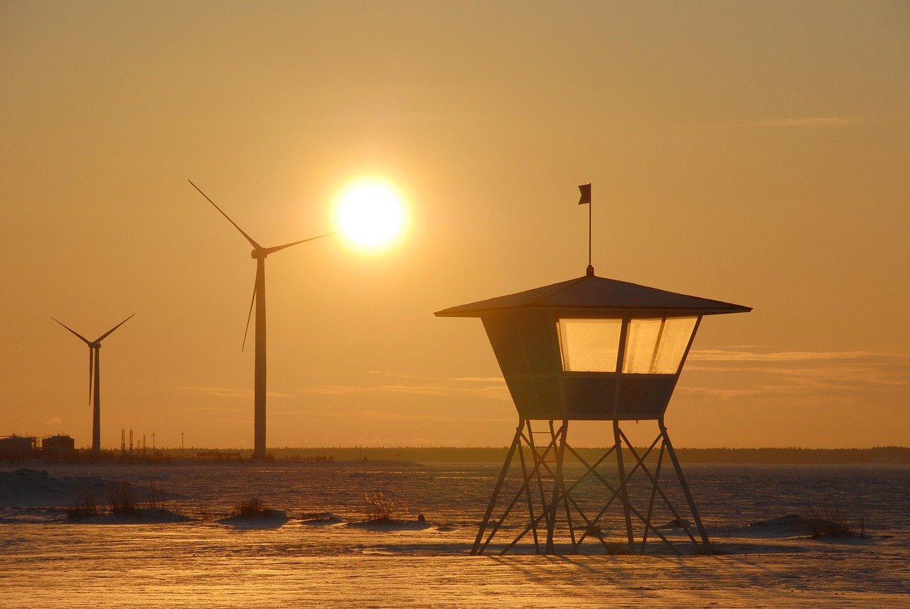 ranta, auringonlasku, tuuliturbiini, rannikko, luonne, oulu, nallikari