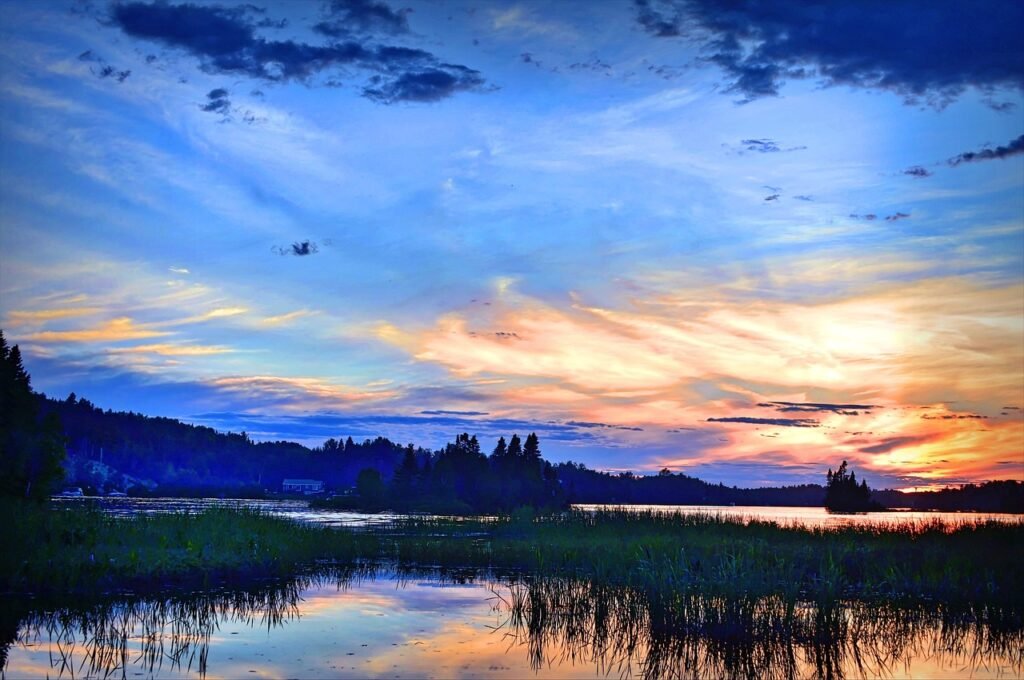 auringonlasku, luonne, hämärä, ilta, lake, pilvet, sunset, quebec, kanada