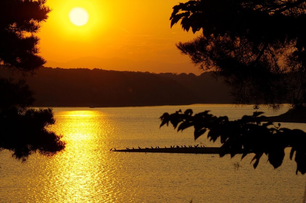 auringonlasku, luonne, lake, taivas, ilta, japani, hämärä, sunset, vuori