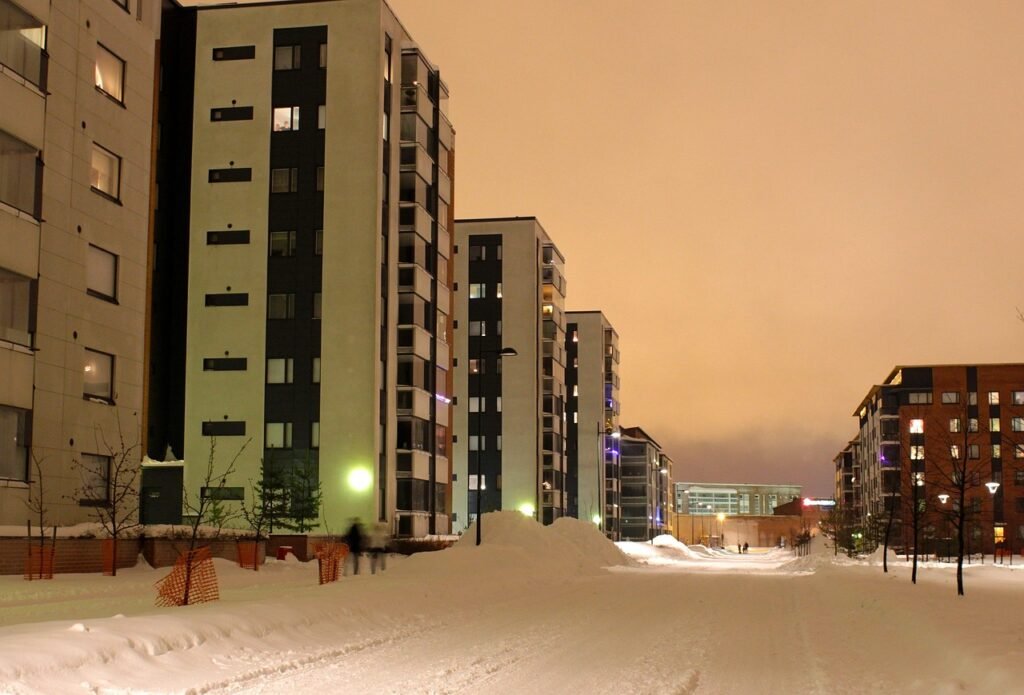 oulu, suomi, talvi, lumi, jäätä, kaupunki, kaupunkeihin, arkkitehtuuri, rakennukset, valot, yö, illalla, luonne, hämärä, ulko