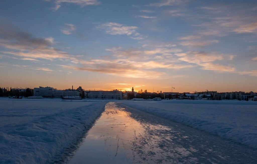 jäätä, tie, luonne, auringonlasku, illalla, kuopio