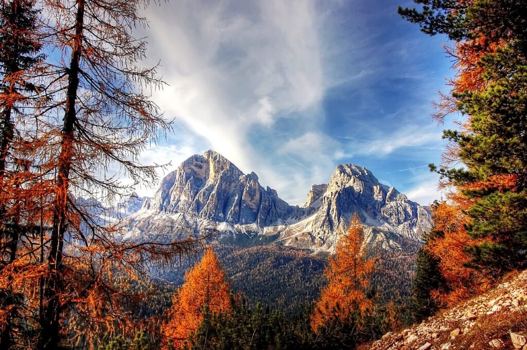 dolomiitit, vuoret, alpit, alppi, puita, havupuut, havupuu, metsä, metsään, mountain view, huippu, kokous, italia, näkymä, lu
