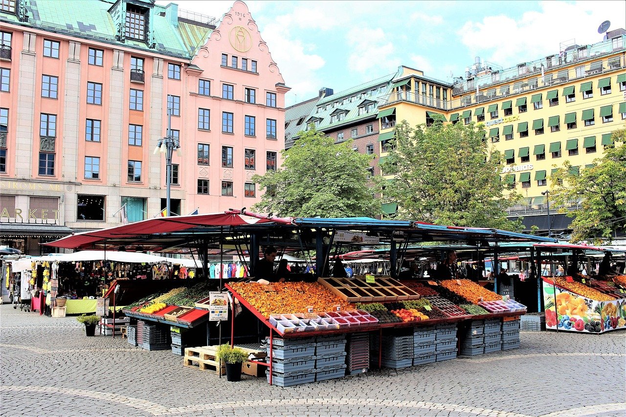 tukholma, markkinoiden kauppaa, hötorget, markkinat, neliö, vihannekset, hedelmät, rakennusten, kaupungin, rakennuksen, julki
