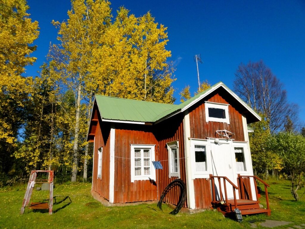 suomi, mökki, talo, pudota, puita, idylli, luonne, yksinkertainen, puu, vanha, lappi, rovaniemi, suomi